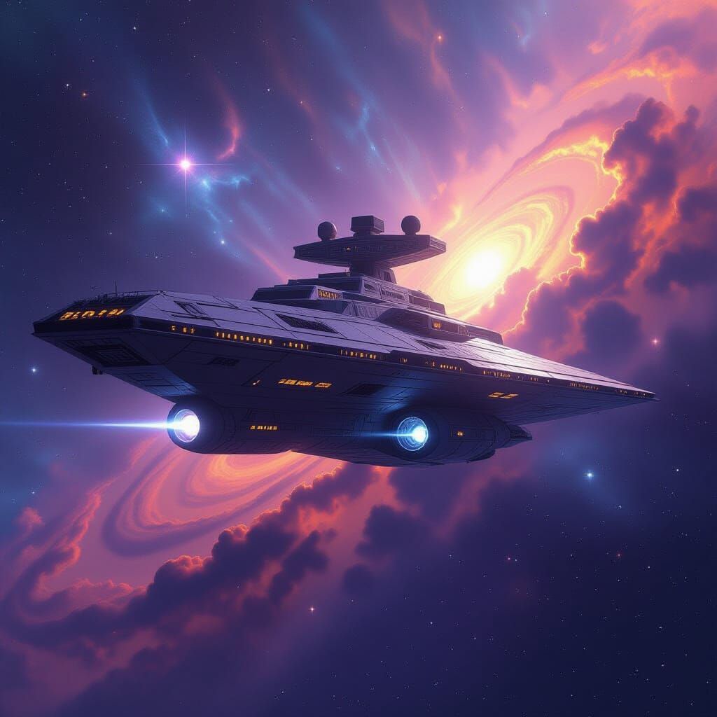 Epic Starship Drifting Through Cosmic Nebula in Sci-Fi Conce...