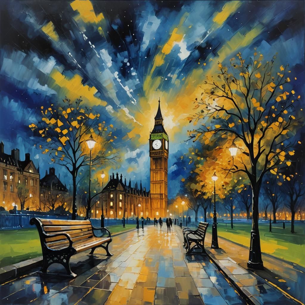 London Park Bench at Night in Neo-Expressionist Style