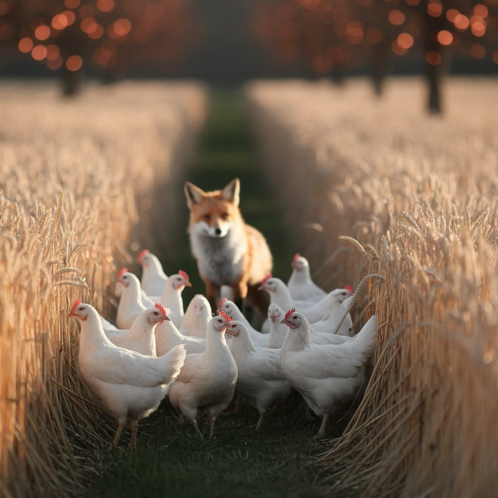 Fox Among White Hens in Golden Afternoon Light