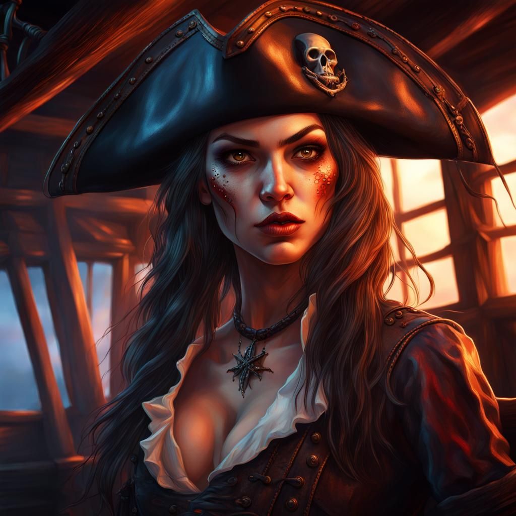Vampire Pirate Girl in Ship Cabin, Hyperrealistic Splash Art