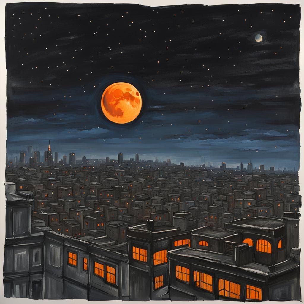 Dystopian City Under an Orange Moon