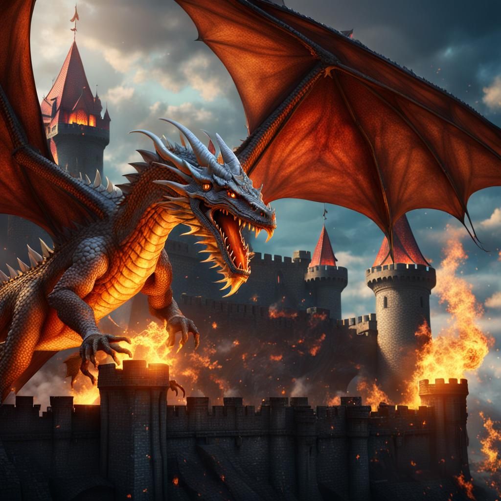 Dragon's Fire: A Fantastical Castle Under Attack