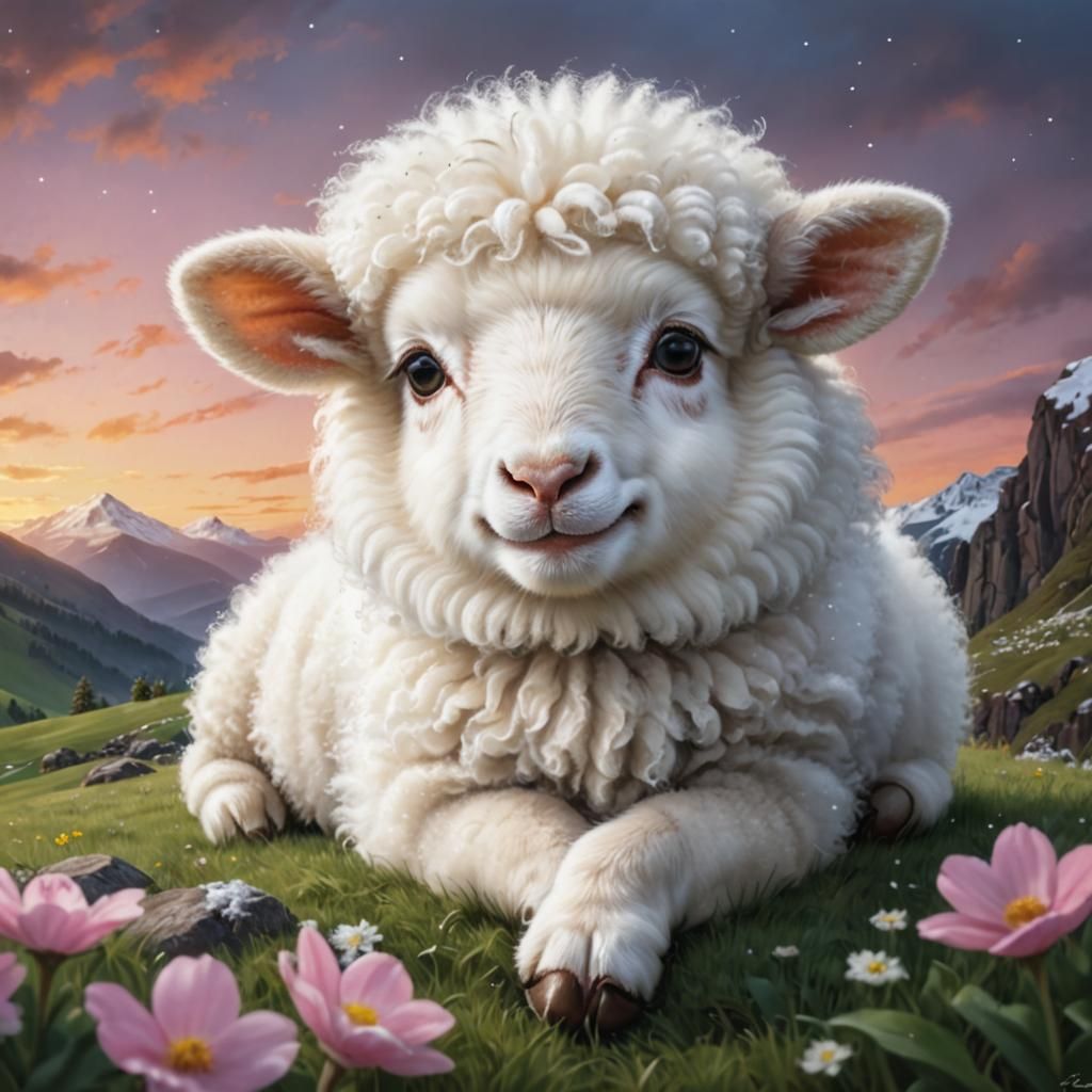 Adorable Sheep Lamb in Spring, Botero Style