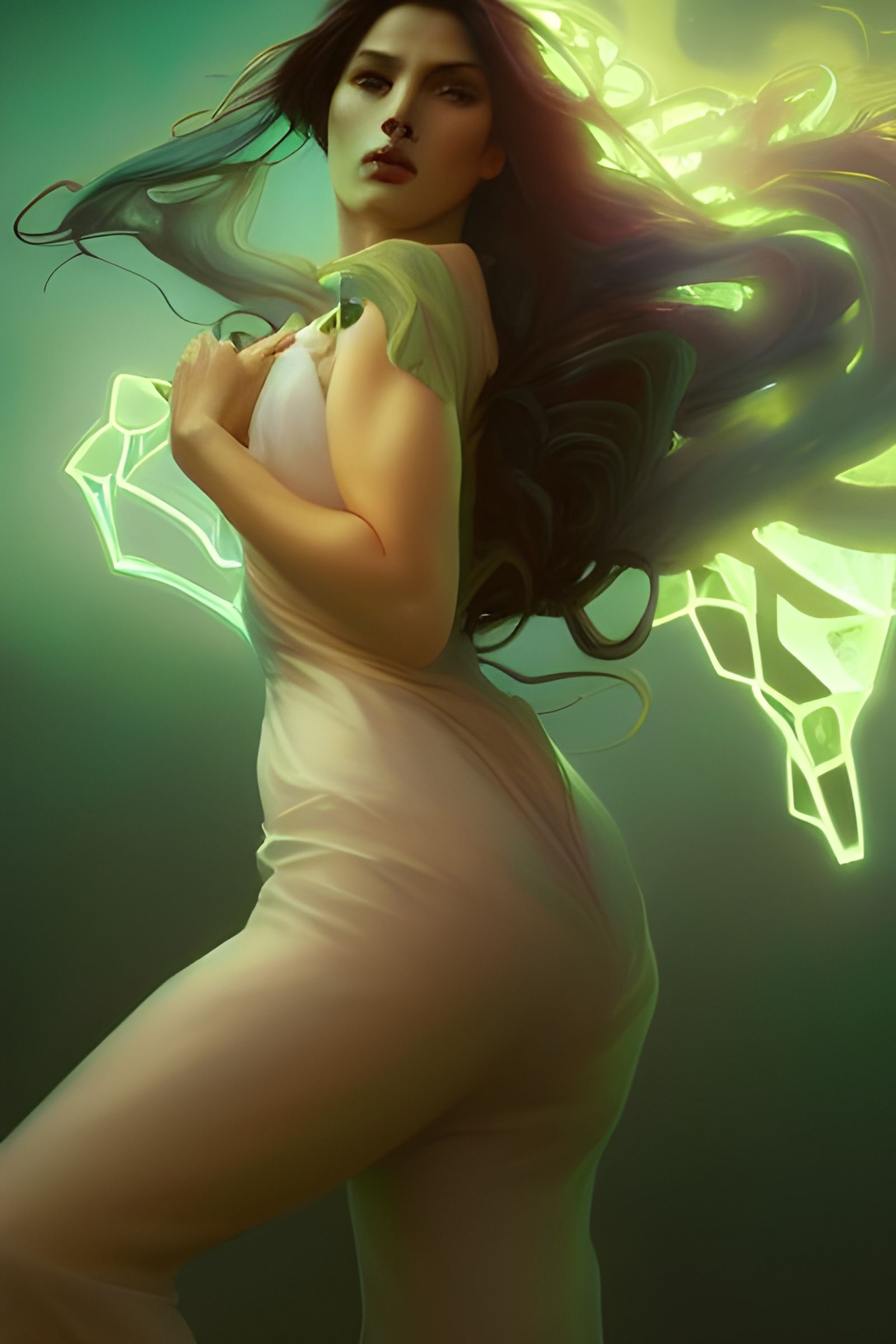 Emerald Witch Portrait in Kinetic Pointillism Style