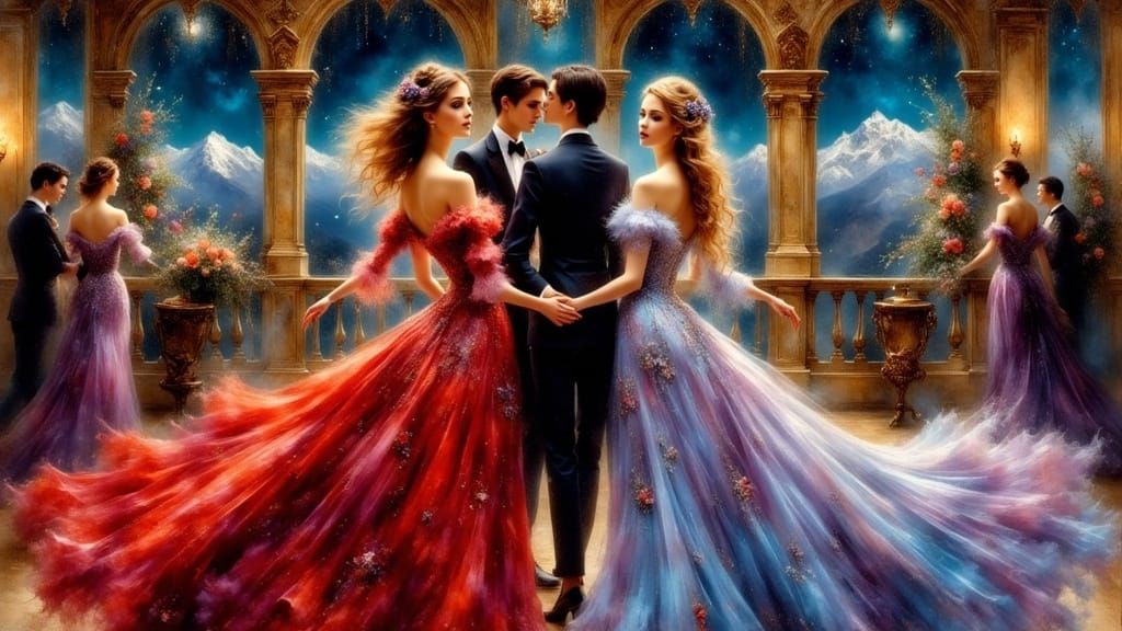 Ethereal Ballroom Dancers in Crimson and Lavender Gowns