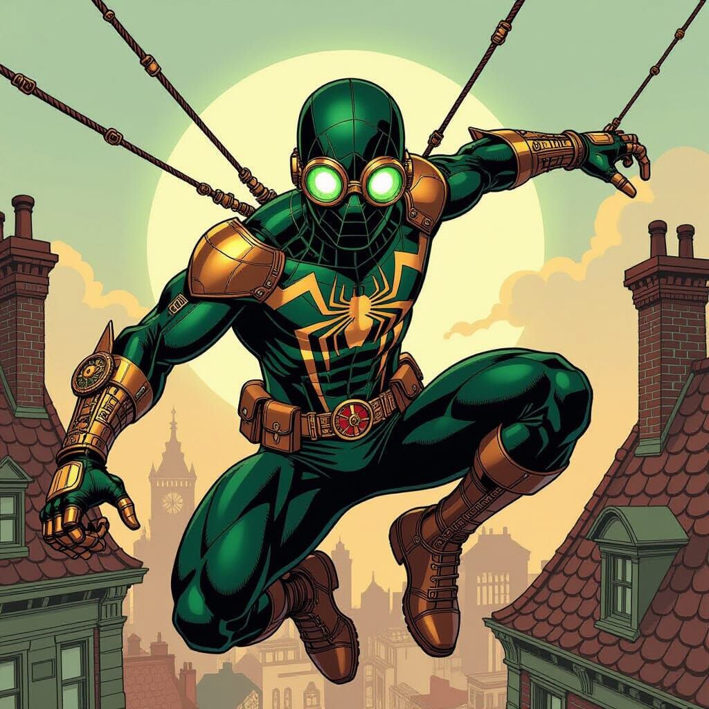 Steampunk Spider-Man Soaring Over Victorian Rooftops