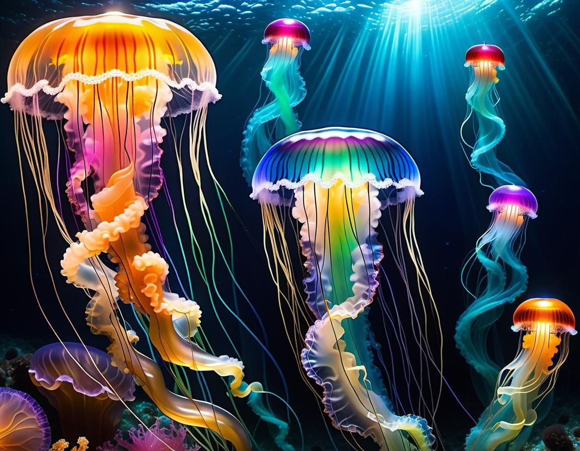 БЕЗ ъ// realistic burning, wax candles inside the ocean, entangled among transparent jellyfish: