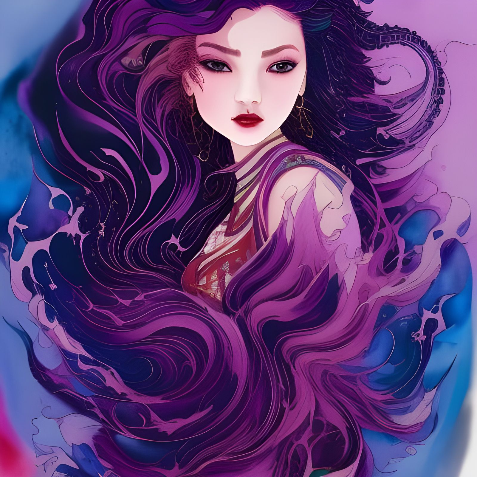 Beautiful Uyghur Girl with Purple Hair, Fluid Gouache Painti...
