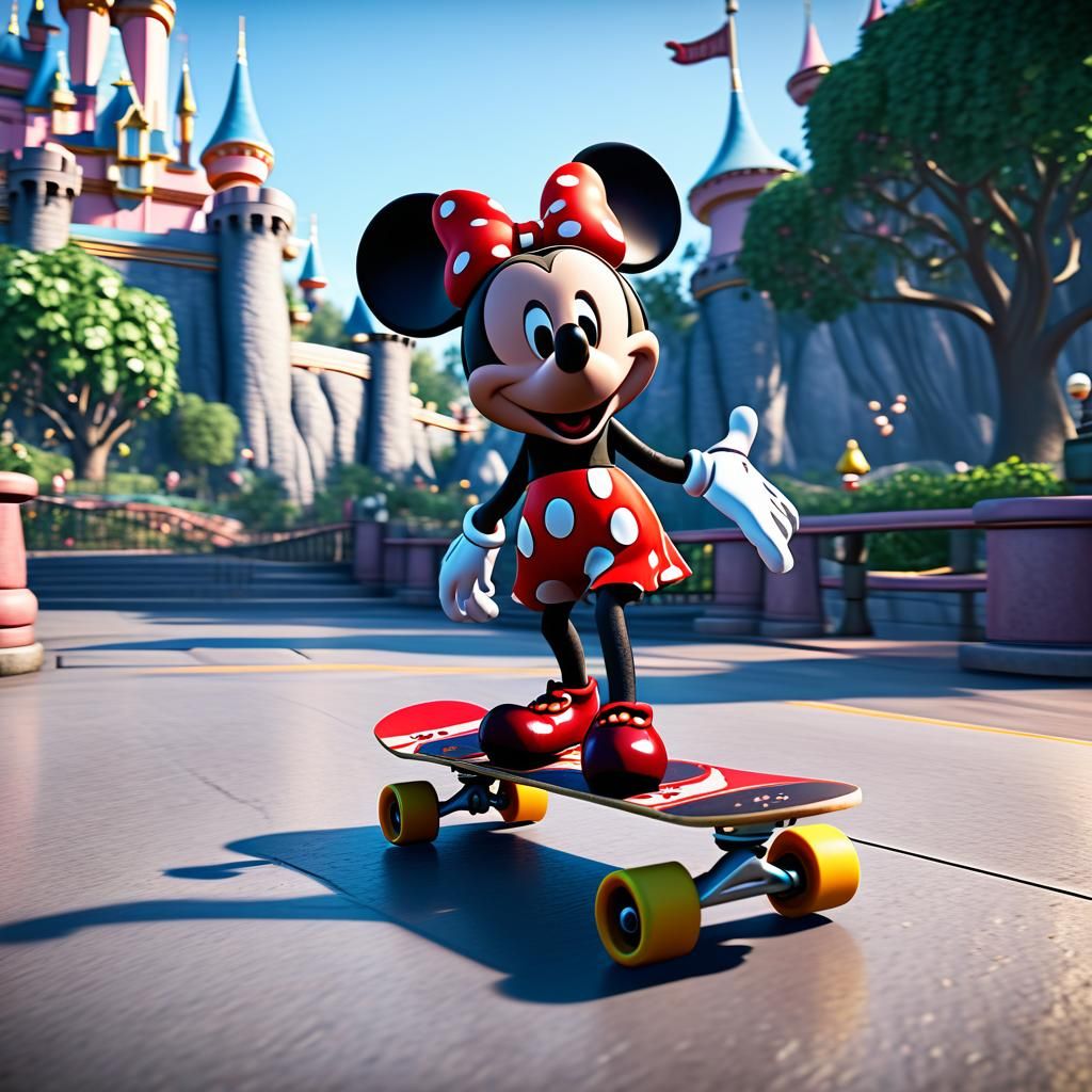 Minnie Mouse rides a skateboard in Disneyland