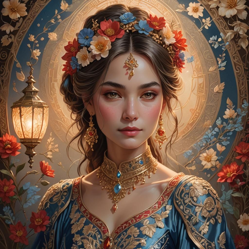 Ornate Gown Portrait with Glowing Lantern, Art Nouveau Style