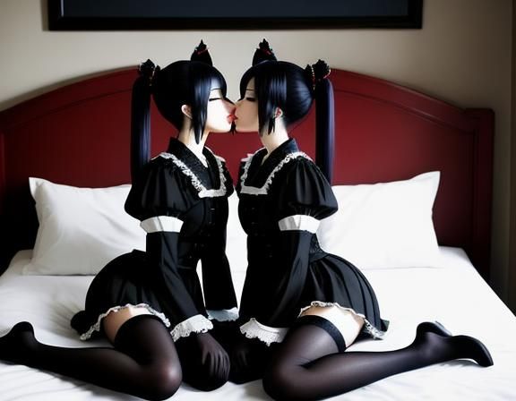 Gothic Kitsune Twins Kissing in Bedroom