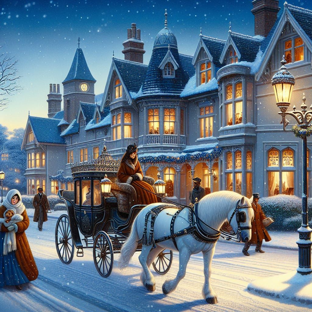 a picturesque winter scene in a Victorian-era village.
