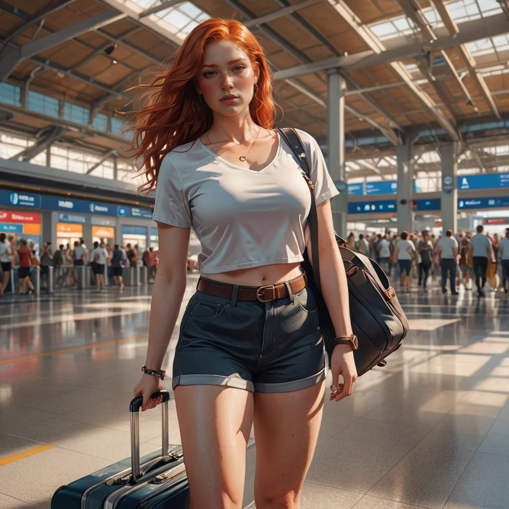 a beautiful young red hair curvy woman, wearing a stretch cr...