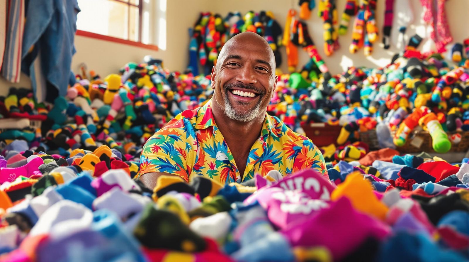 Dwayne Johnson Surrounded by Vibrant Socks in Sunny Laundry ...