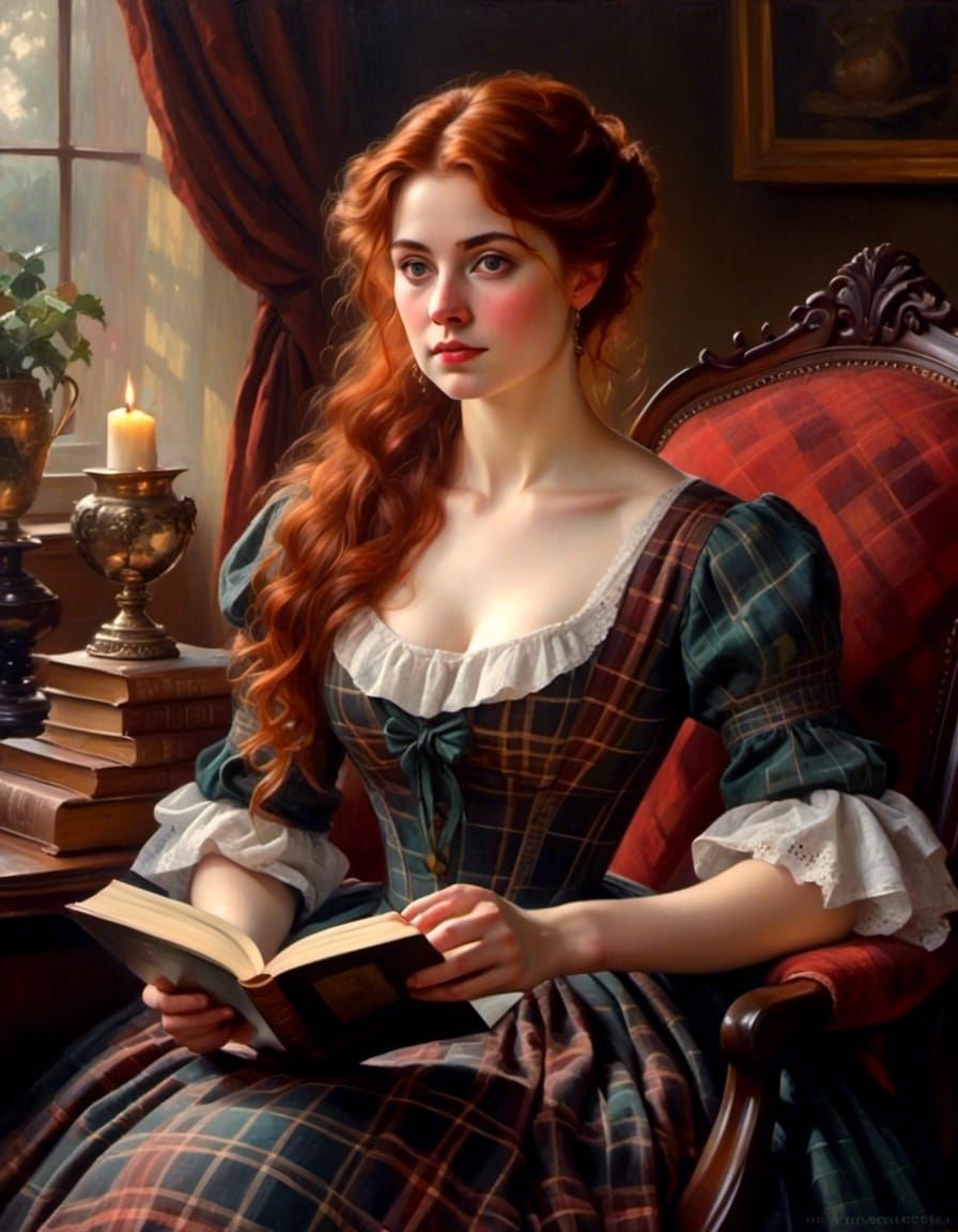 Victorian Woman Reading Book in Parlor