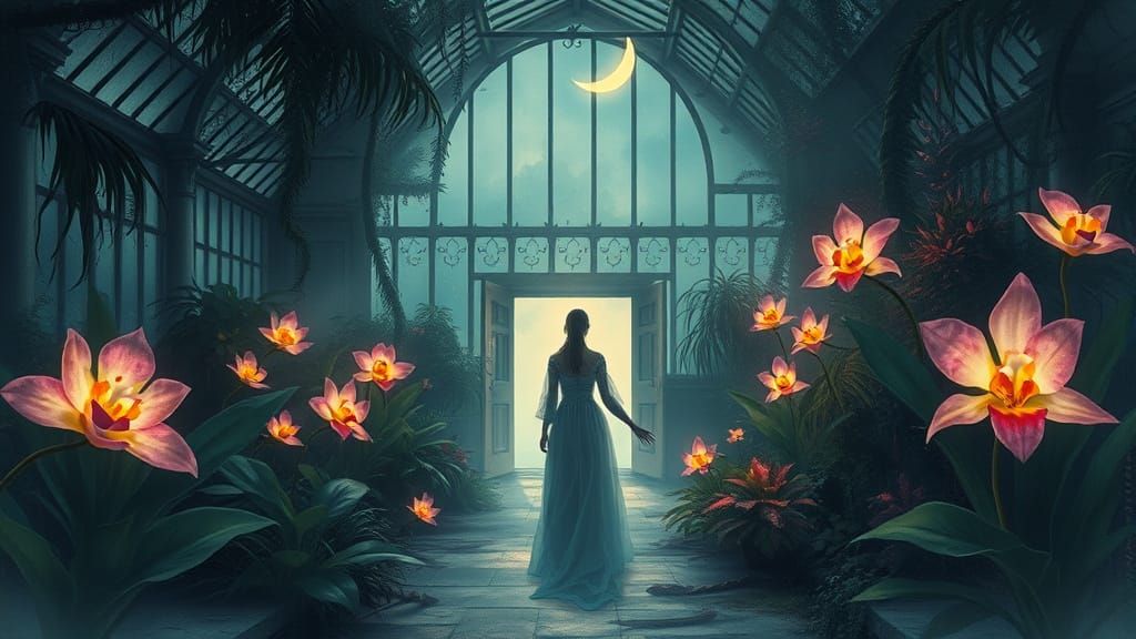 Spectral Figure in Moonlit Victorian Greenhouse