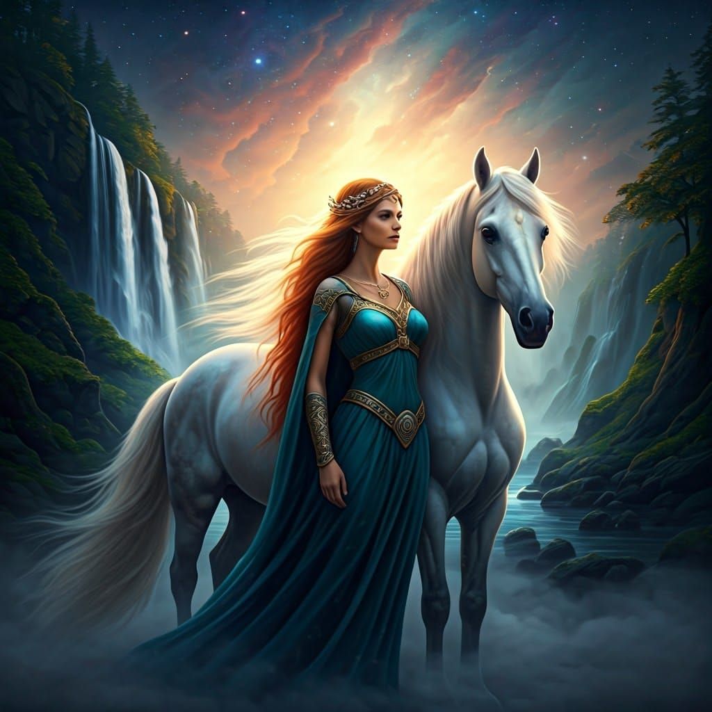 Epona: Celtic Goddess with White Horse in Mystical Forest