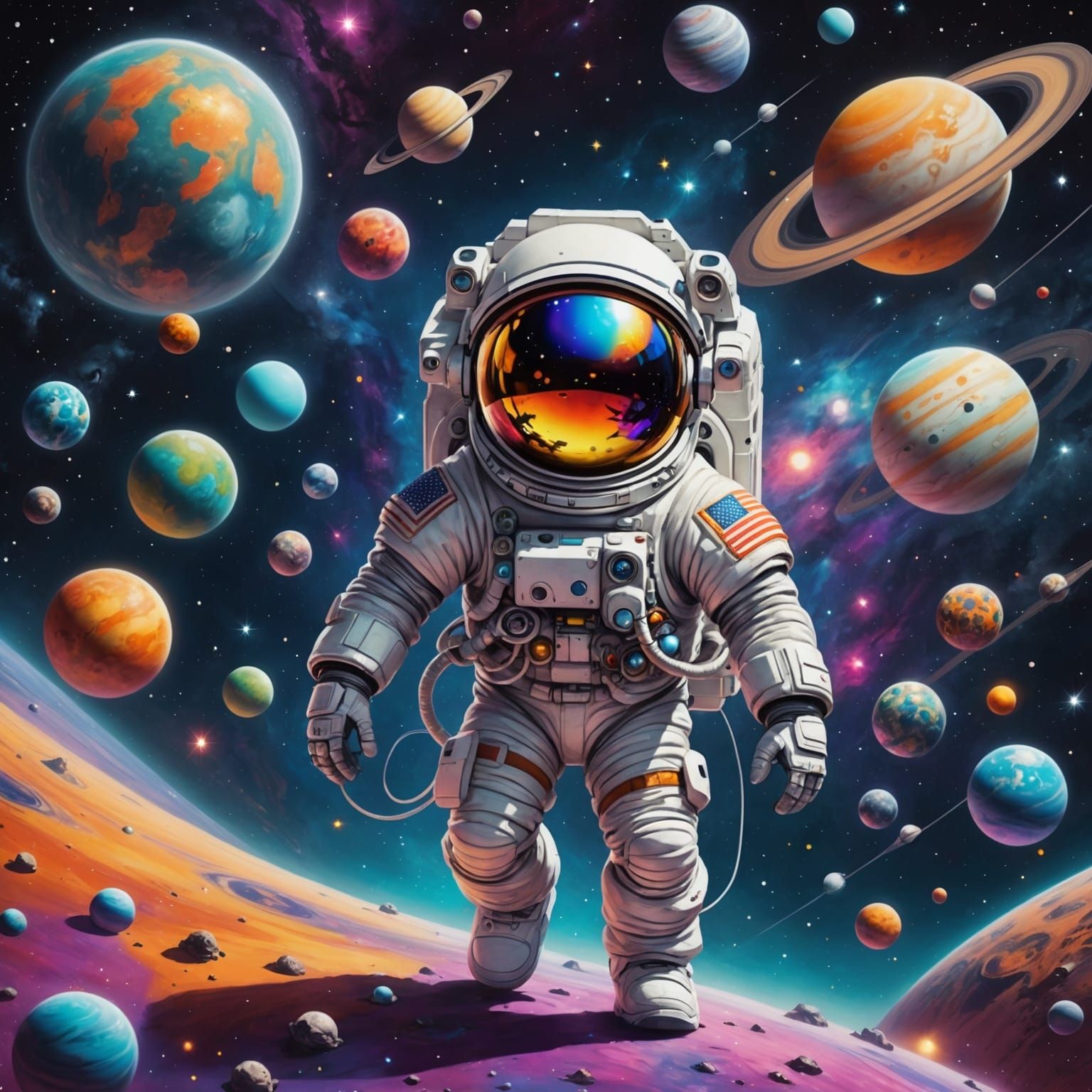 Astronaut Floats in Colorful Cosmic Galaxy