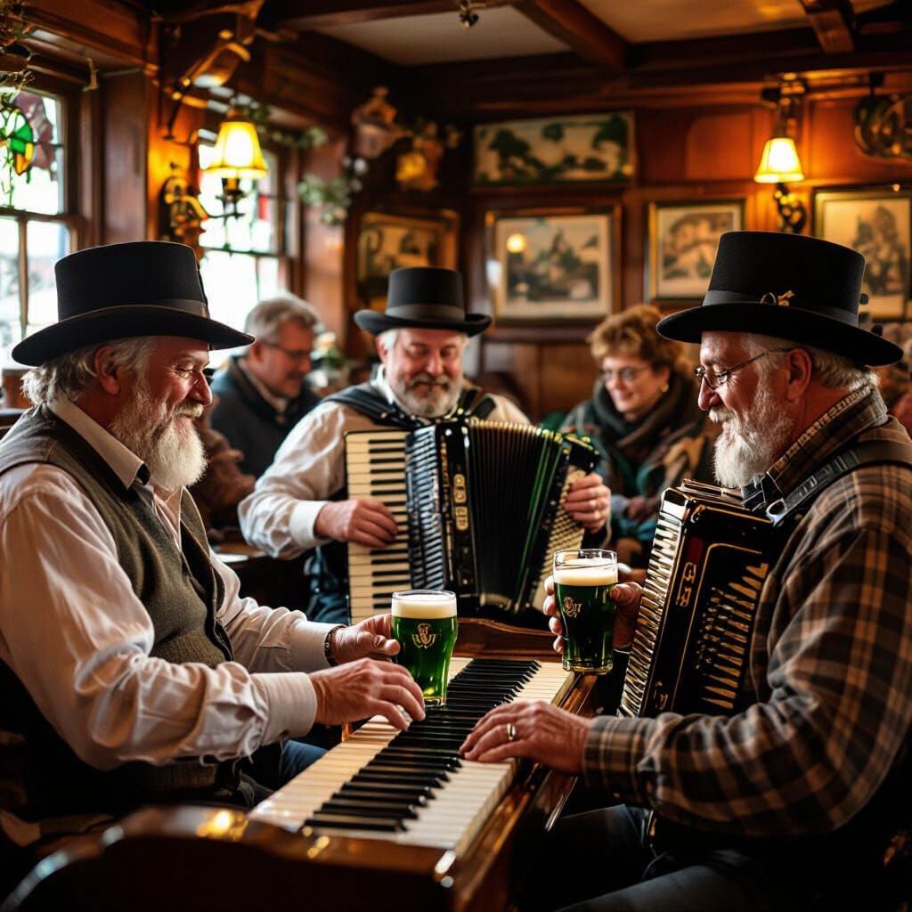 Irish Folk Band in Cozy Pub: Folk Art Illustration
