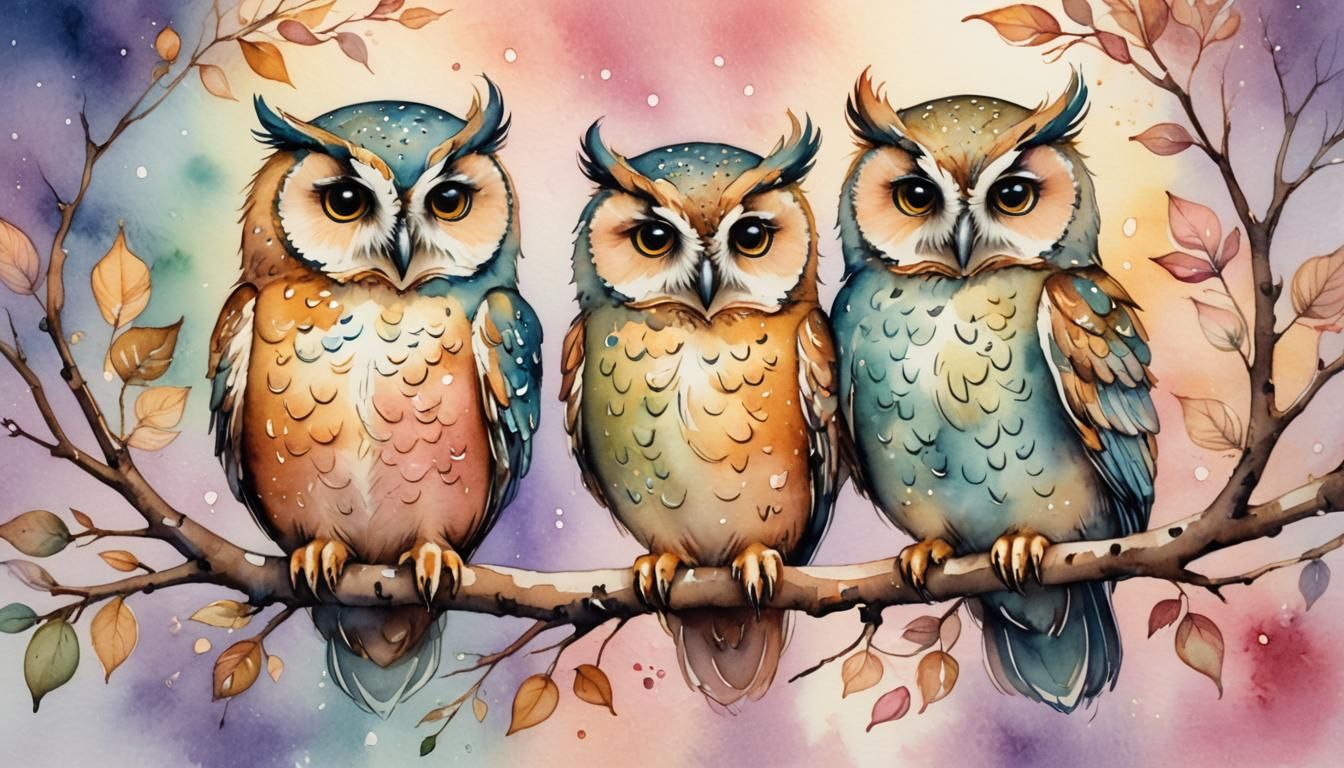 Three Cute Owls in Romantic Watercolor