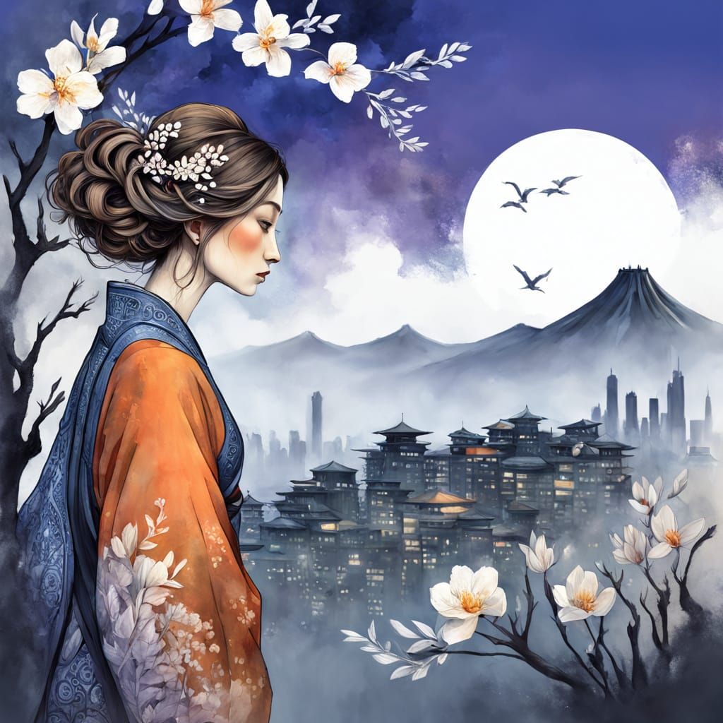 Woman with Abstract Skyscrapers Emerging from Hair