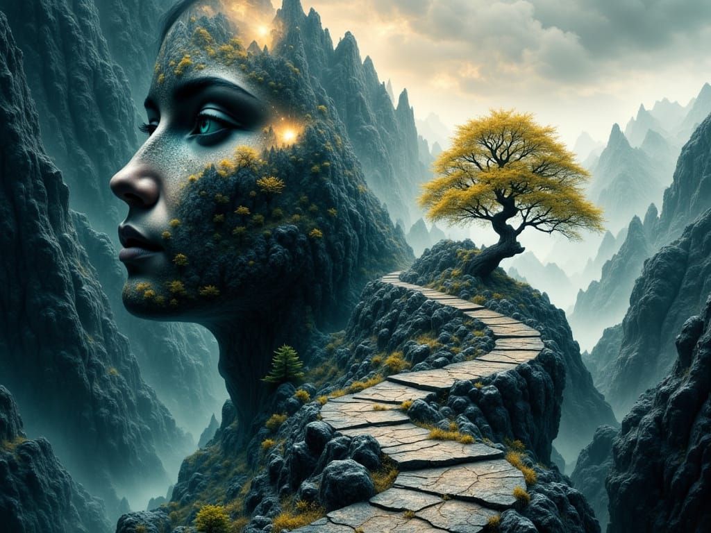 Ethereal Mountain Goddess in Dreamlike Double-Exposure