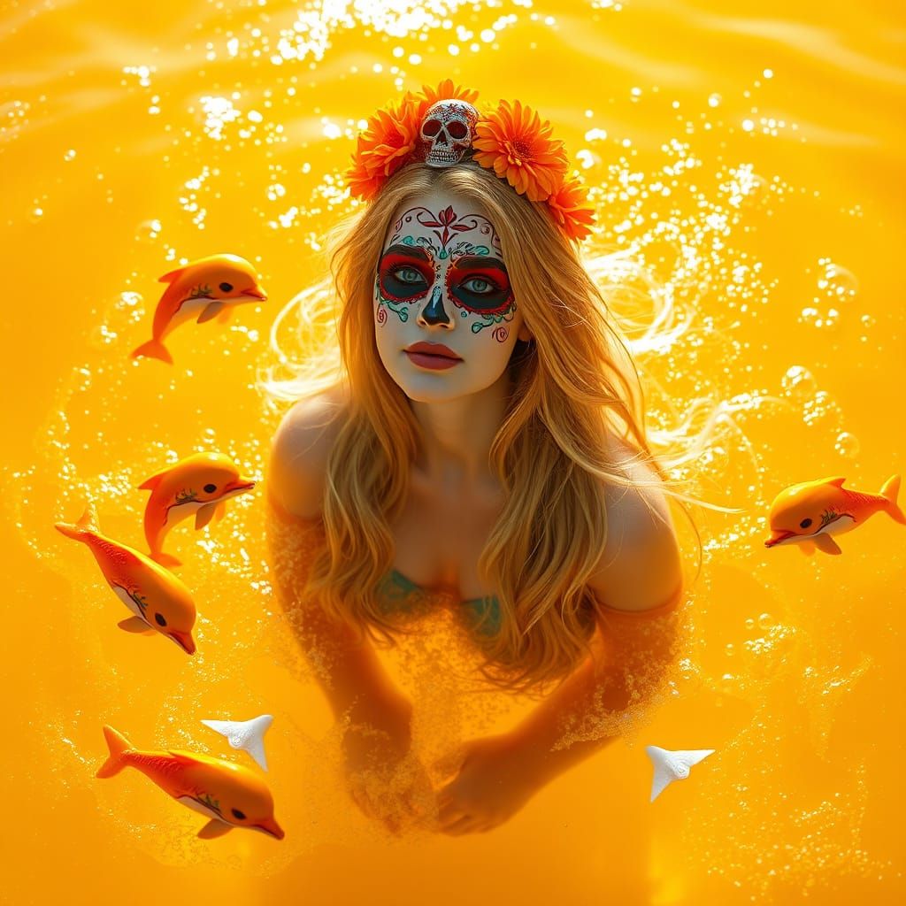 Woman Floats on Soda Sea with Gummy Dolphins