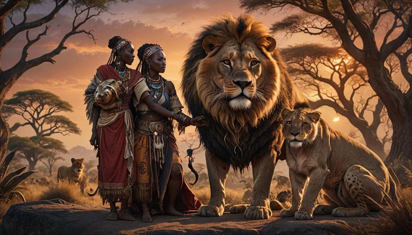 african shaman priestess hugs a lion.in the background:savannah and sunset detailed matte painting, deep color, fantasti...