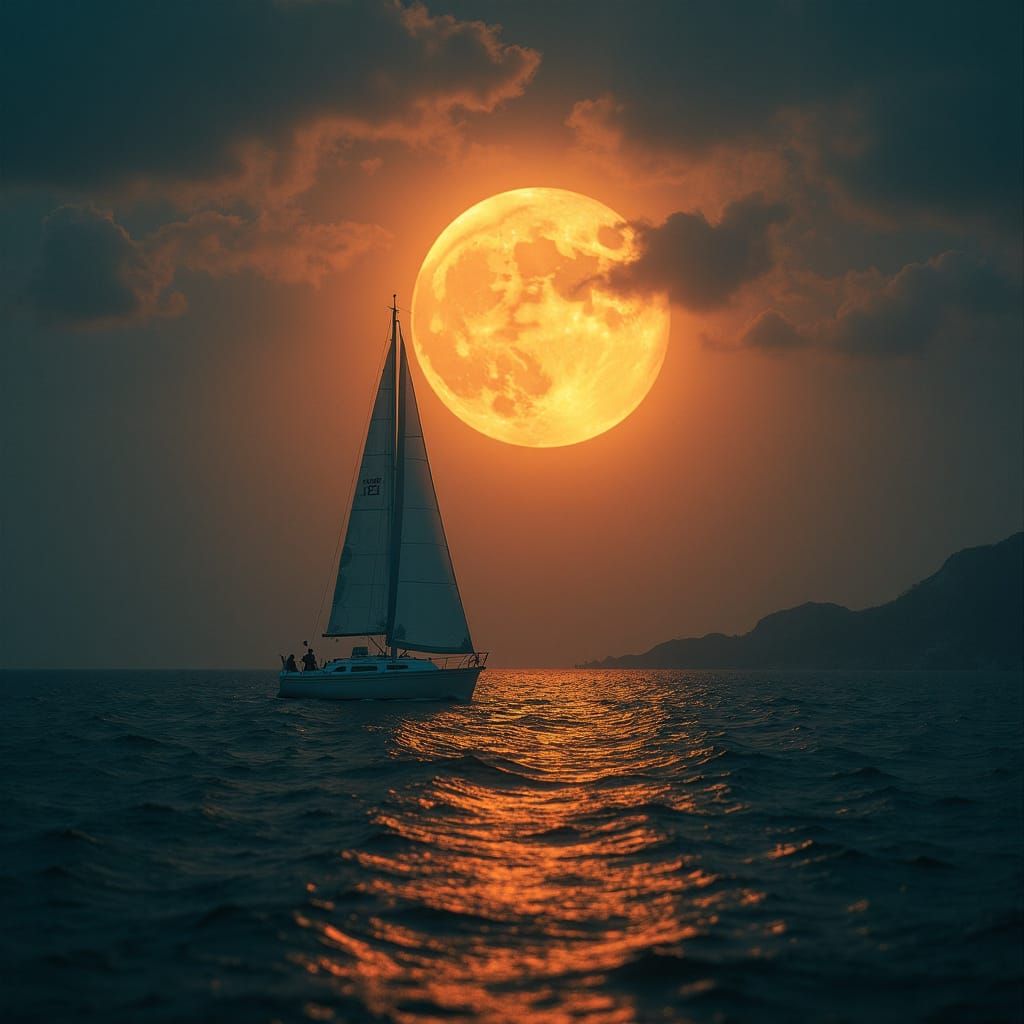 Sailboat and Harvest Moon in Cinematic Style