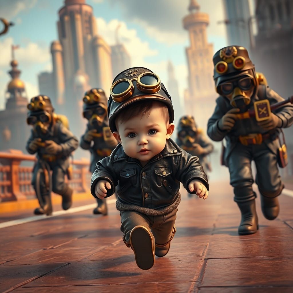 Little Steampunk Toddler Flees Comical Coppers in Vibrant Ci...