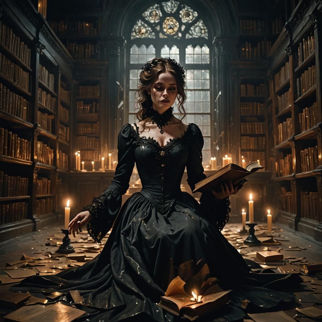 Ghostly Woman in Victorian Gown, Dark Academia Style