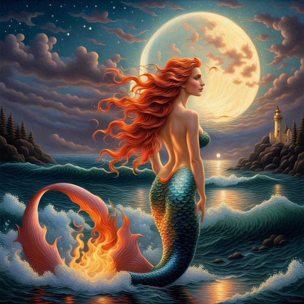 Mermaid with Fire Hair Emerges from Moonlit Ocean