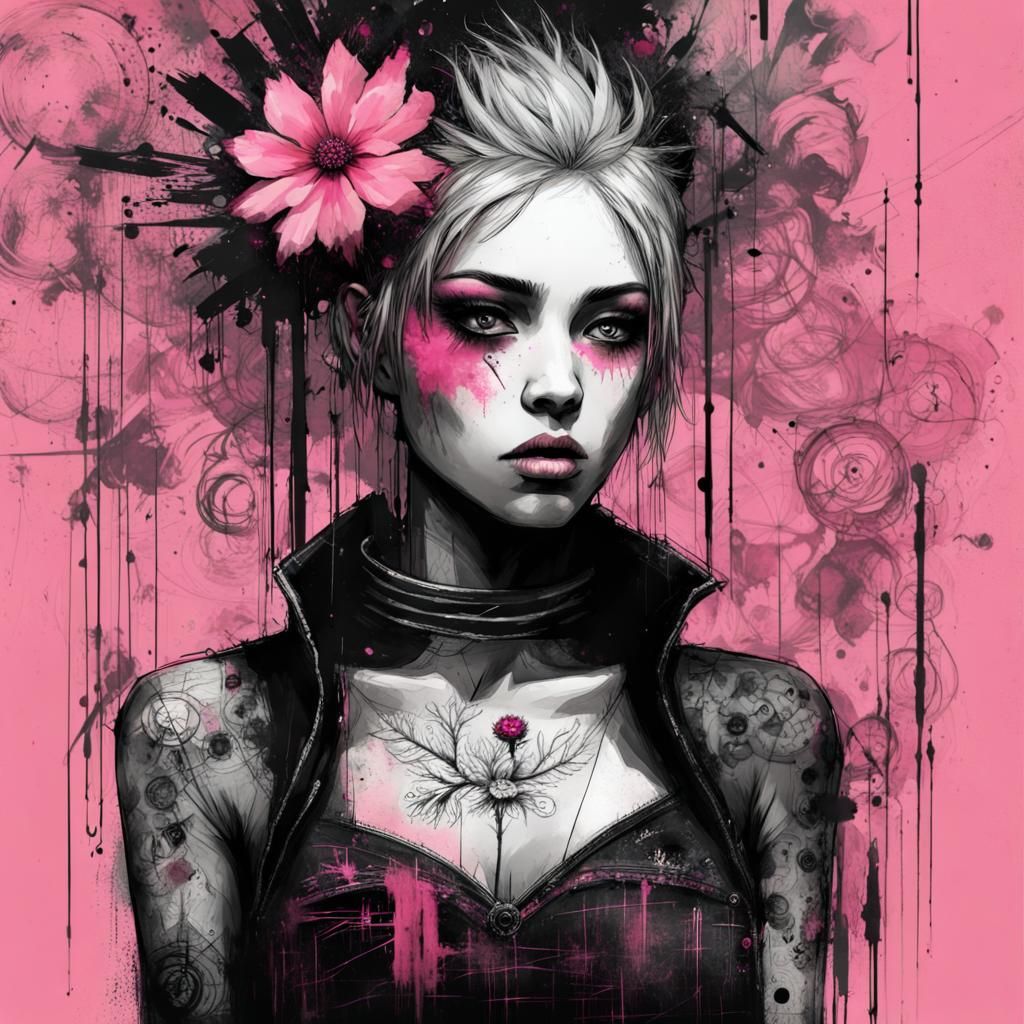 Gothic Punk Girl with Pink Flower in Techno Club