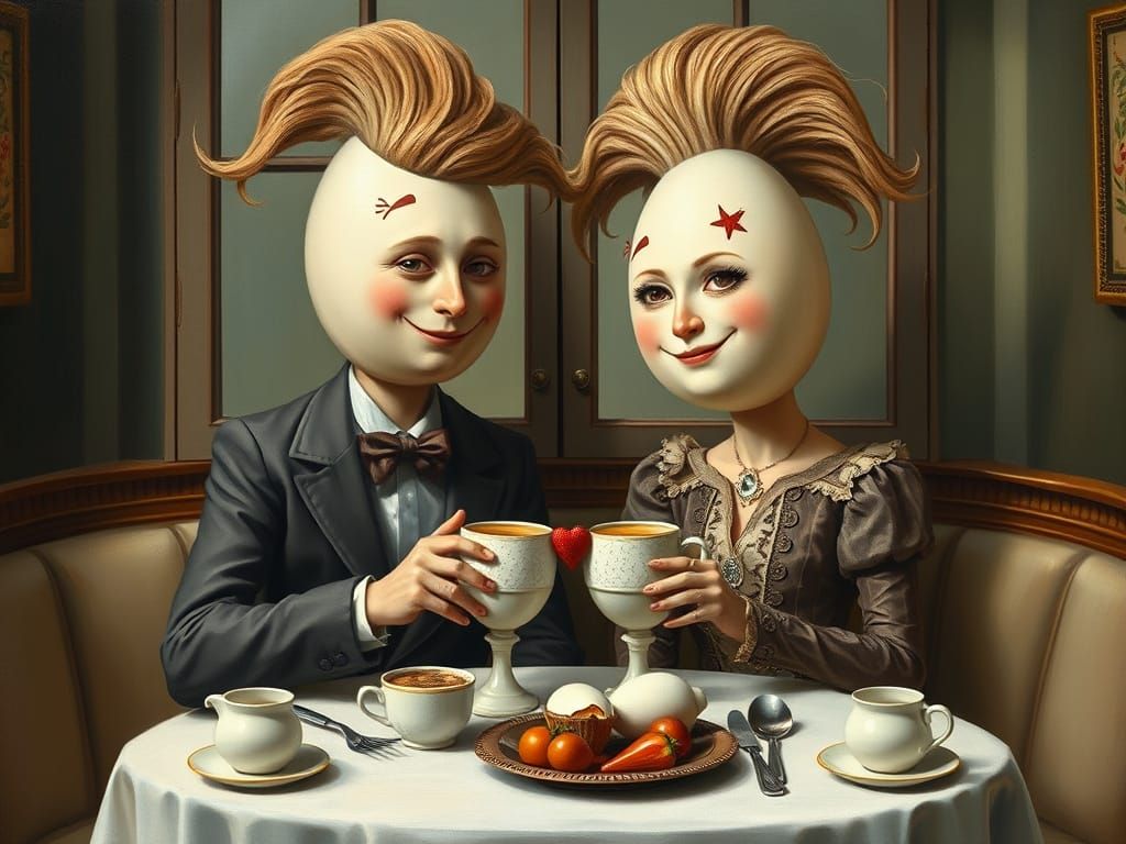 Whimsical Eggheaded Couple in Exquisite Oil Painting