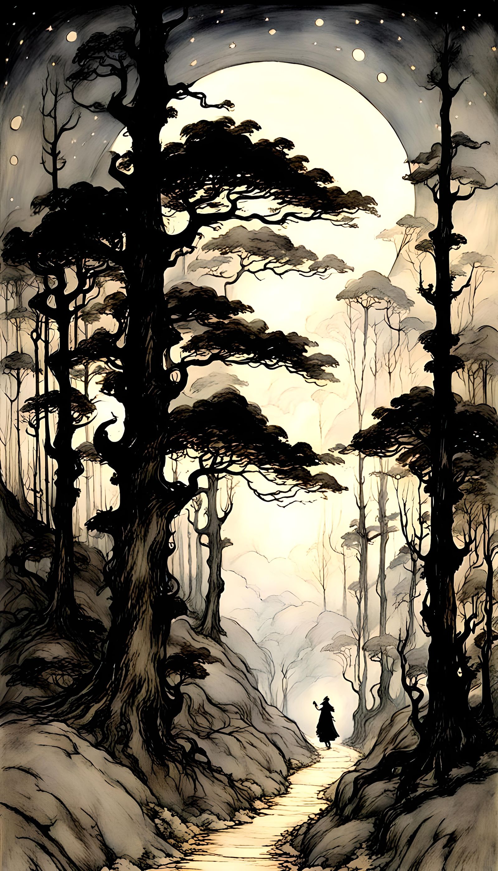 Black black night, bright bright stars, path through fantasy...