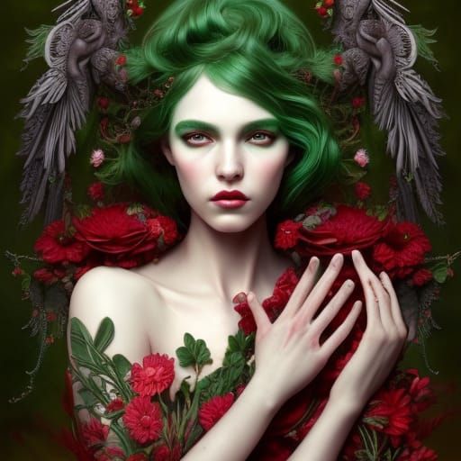 Green-Haired Plant Goddess in Red Dress