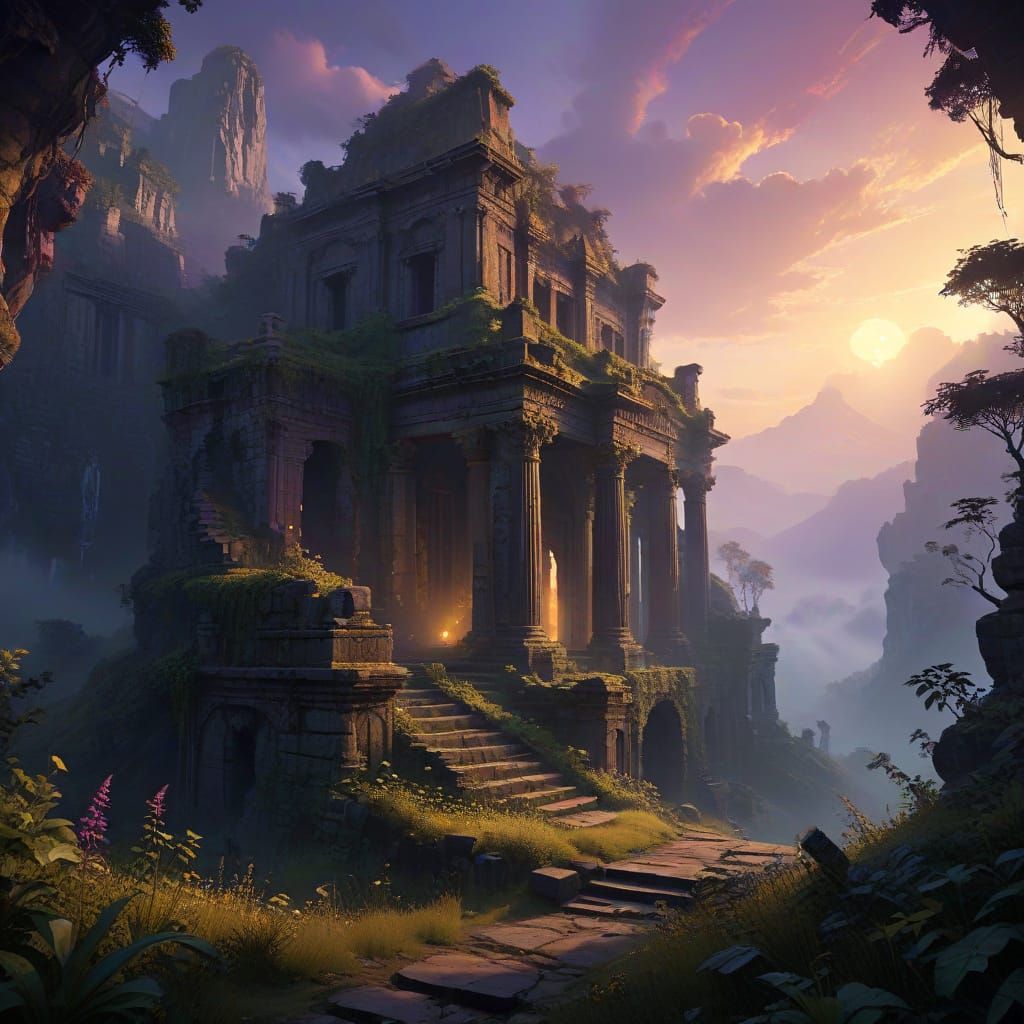 Ancient, Golden-Lit Ruins Piercing the Dawn Sky