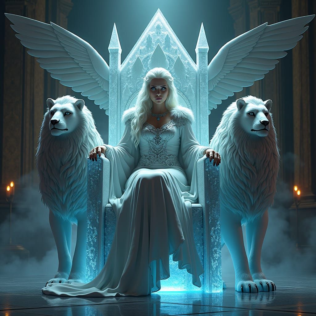 Gothic Goddess on Zeolite Throne with Manticores