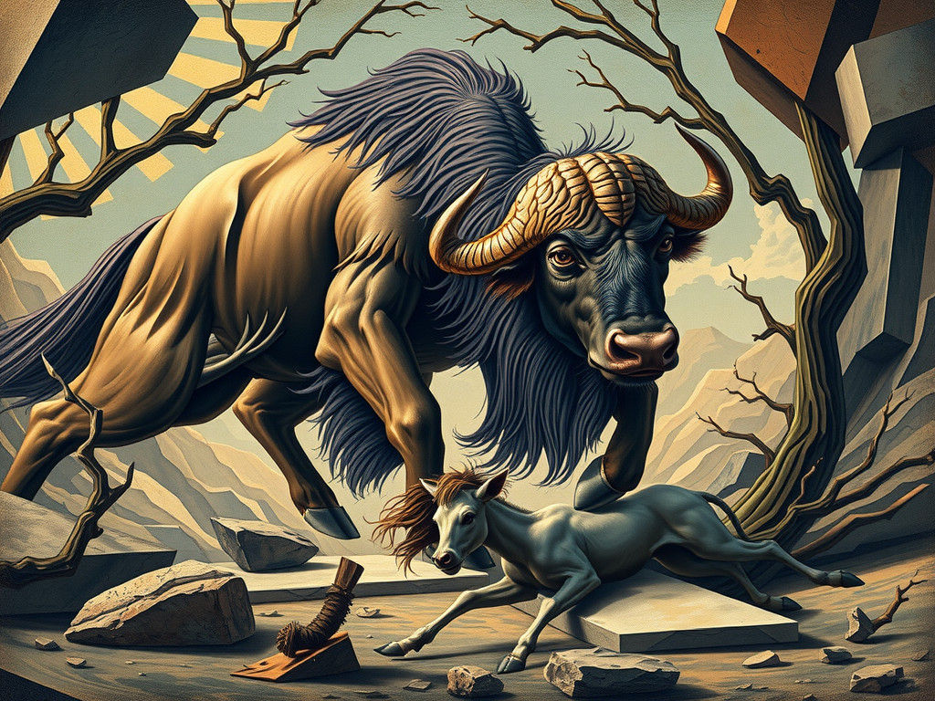 Buffalo Trampling Colt in Cubist Futurism Style