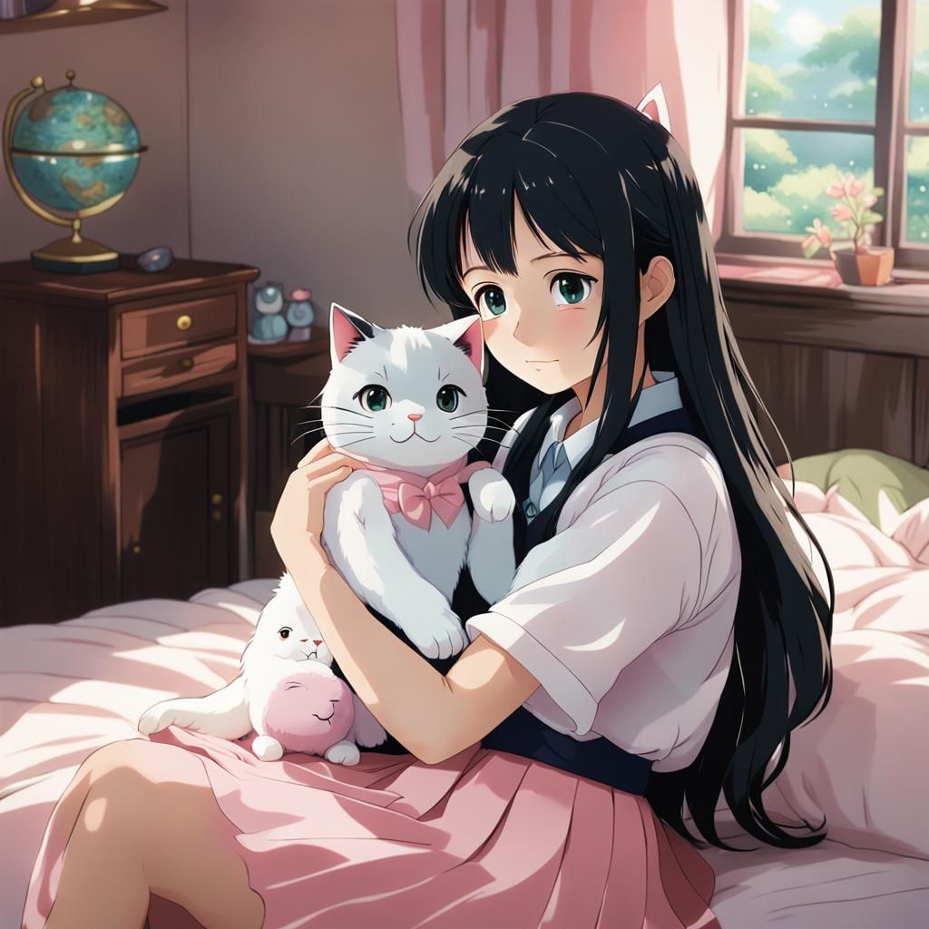 Japanese Girl Cuddling Cat Plushie in Ghibli Anime Style