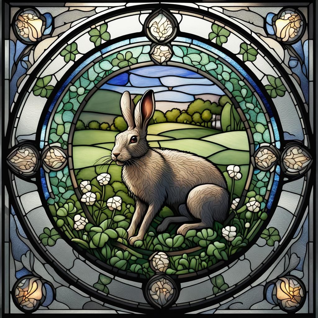 Hare in Clover Field Stained Glass