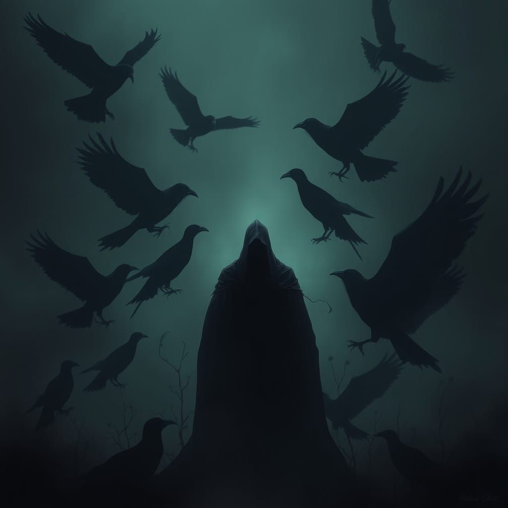 Mysterious Figure Surrounded by Birds in Dark Setting
