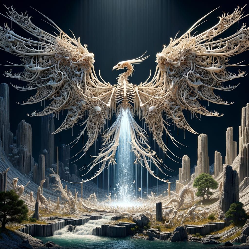 Skeletal Phoenix Soaring Above Ancient Forest