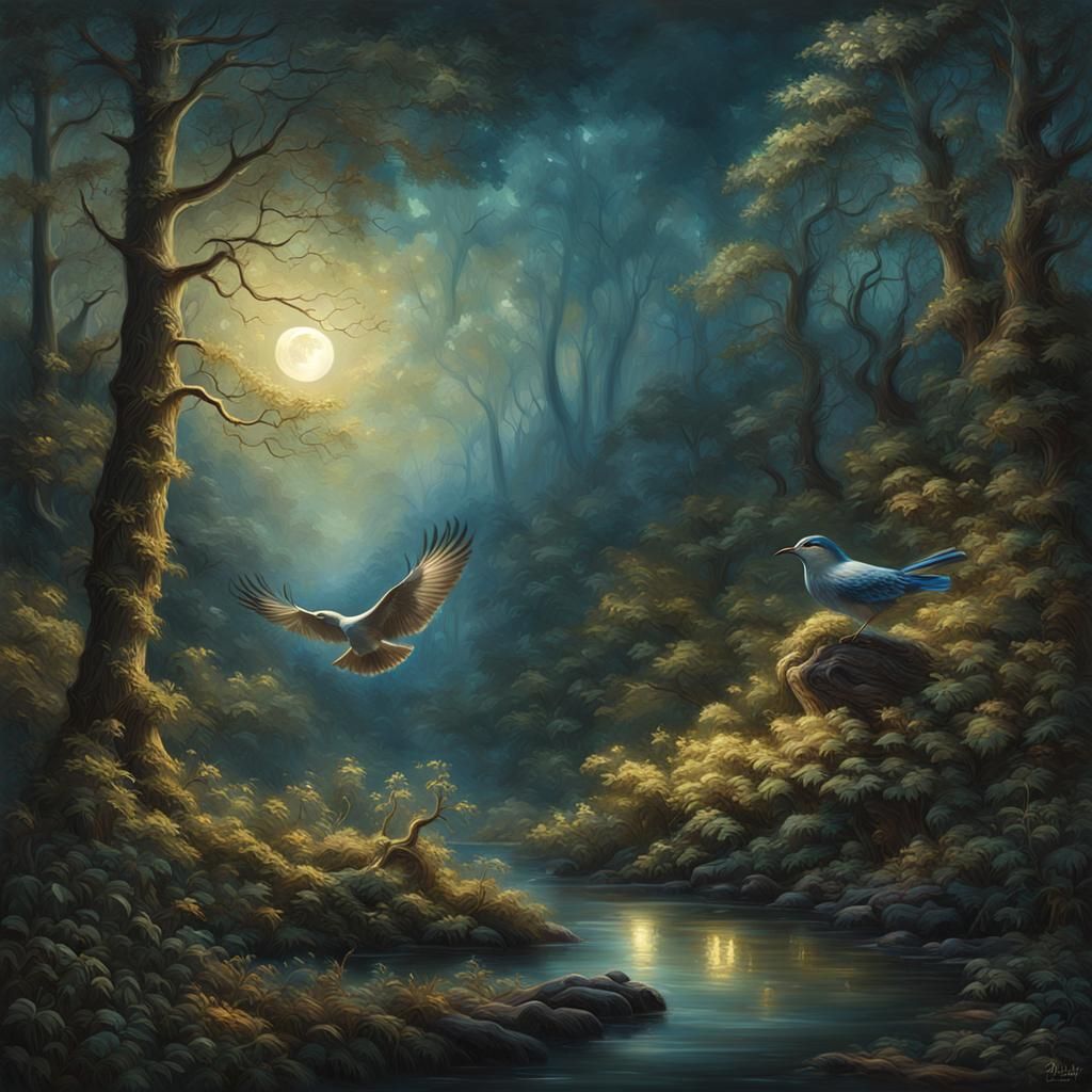 Majestic Woodland in Moonlight: Detailed Digital Painting