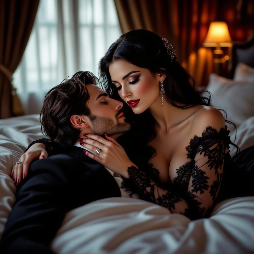 Vampire Woman Bites Man's Neck in Opulent Hotel Room