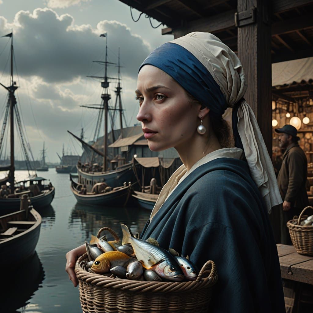 Girl with Pearl Earring in Harbor Market, Max Ernst Style