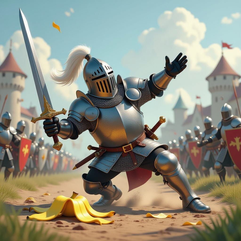 Knight Slips on Banana Peel, Sword Flies in Cartoon Style