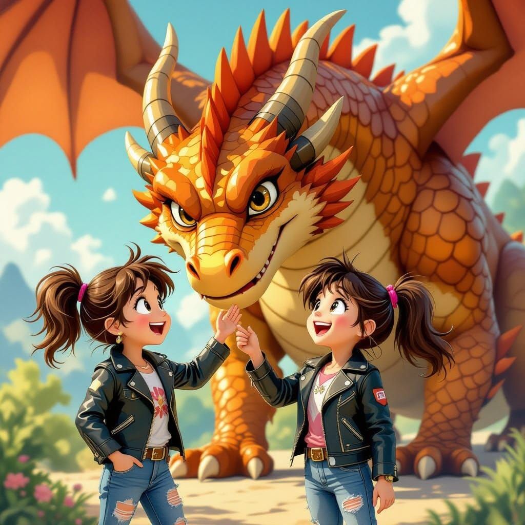 Playful Girls Tickle Bronze Dragon in Whimsical Fantasy Scen...