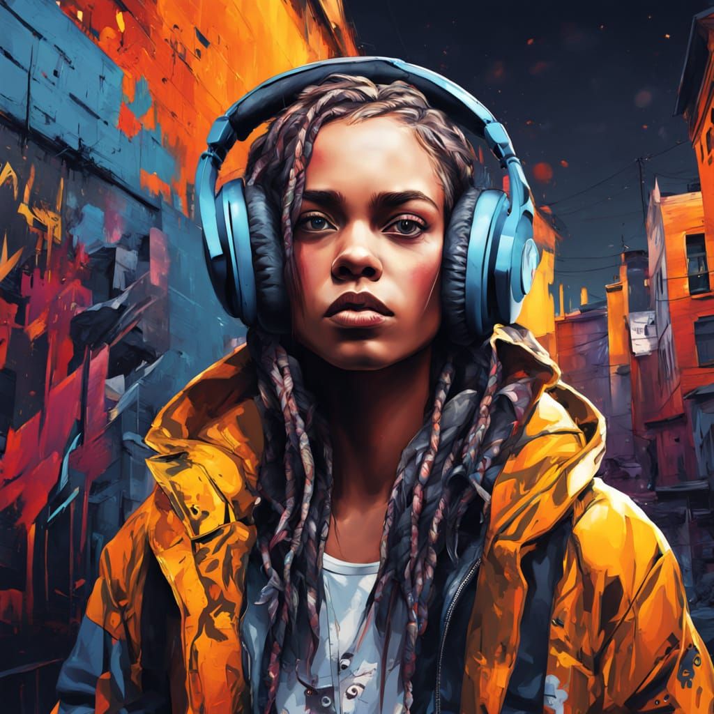 Confident Woman Walks Down Graffiti-Covered Street in Dark S...