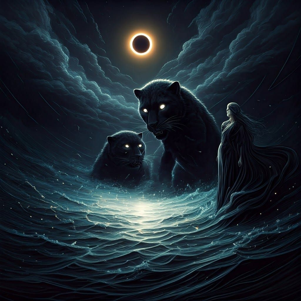 Panther Cubs Battle Under Lunar Eclipse: Gothic Fantasy